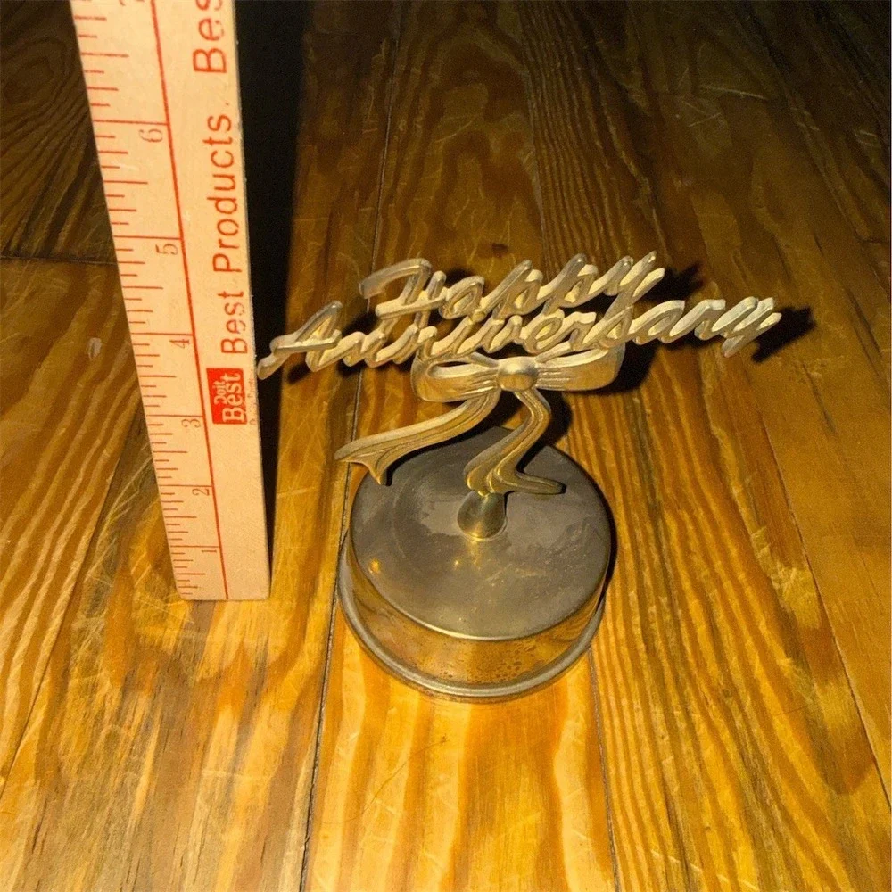 Brass Flambro Happy Anniversary Wind-Up Musical Music Box Figurine Gold Tone MCM